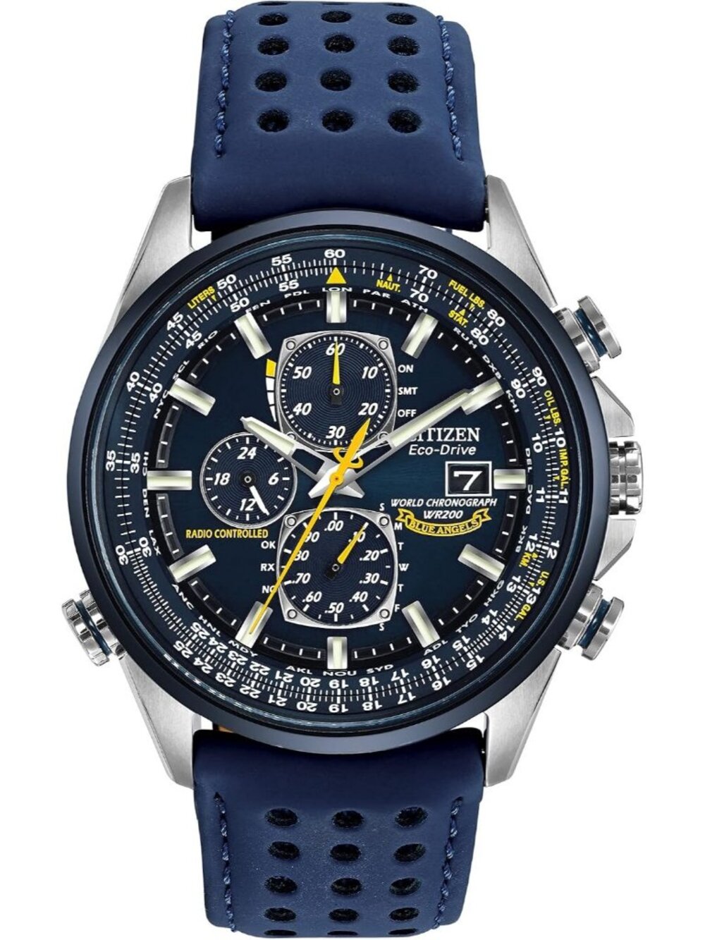 Men's Blue Leather Strap and Blue Dial Eco-Drive Sport Luxury Chronograph Watch